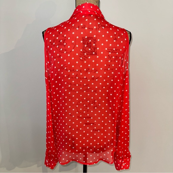 Bongo Red Orange Polka Dot Sheer Cold Shoulder Long Sleeve Button-Up Blouse Top - Picture 5 of 7